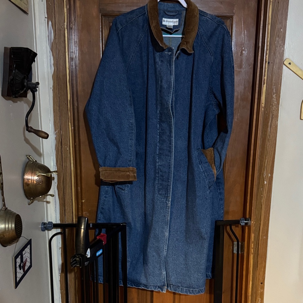 dressbarn Blue Denim Trench Coat with Brown Details